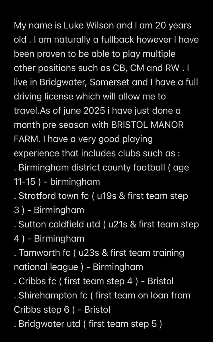 still looking for a club for the upcoming season , drop me a message for more details 💯⚽️<a href="/_WesternLeague_/">Western League</a> <a href="/SouthernLeague1/">The Pitching In Southern Football League</a> <a href="/FreeAgentsFC/">Free Agent Showcase</a>