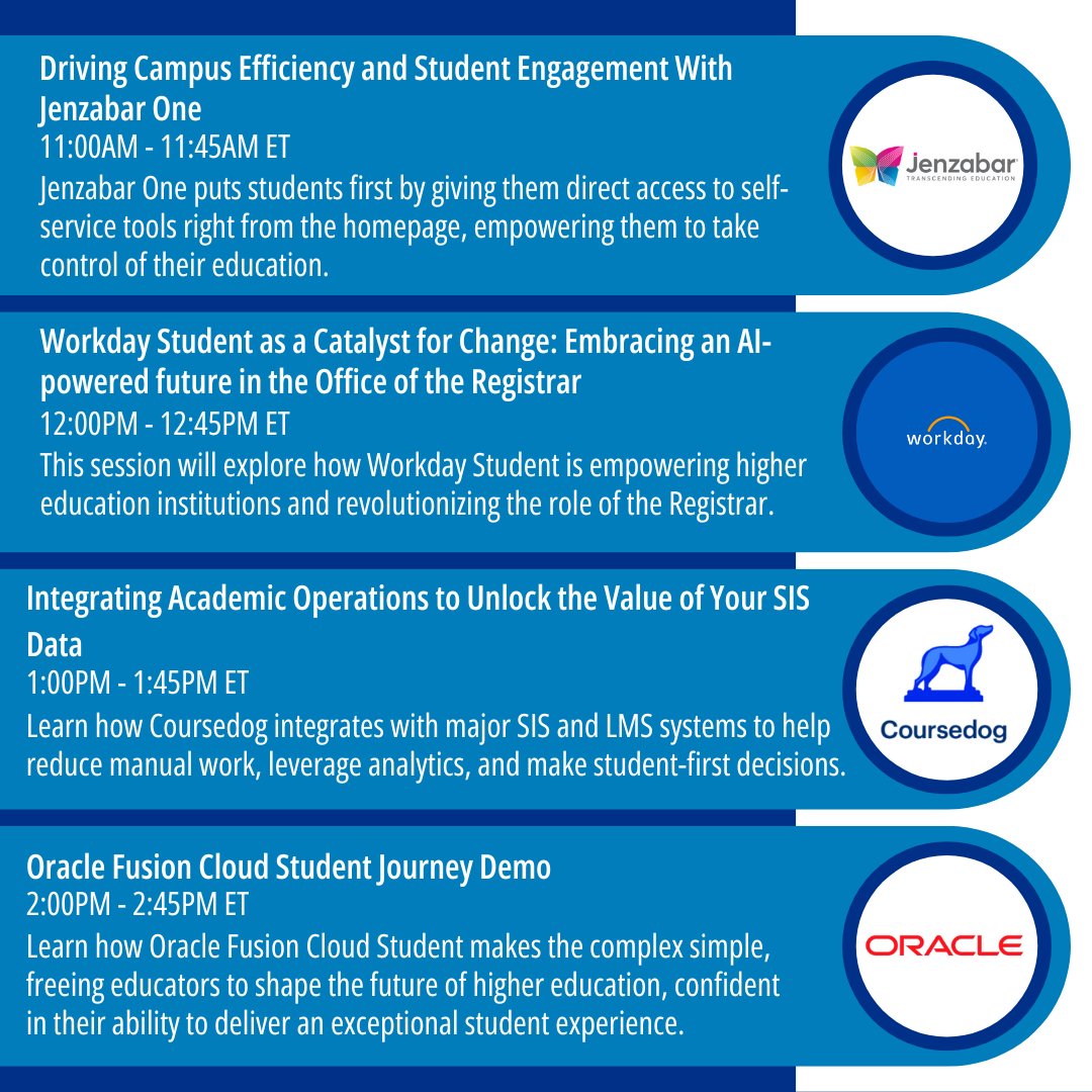The AACRAO Business Solutions Showcase returns July 30. Whether you already use the tools that will be demoed or are looking for something new, each 45-minute webinar will provide in-depth product information and an interactive Q&amp;A session. Register now.
aacrao.org/events-trainin…