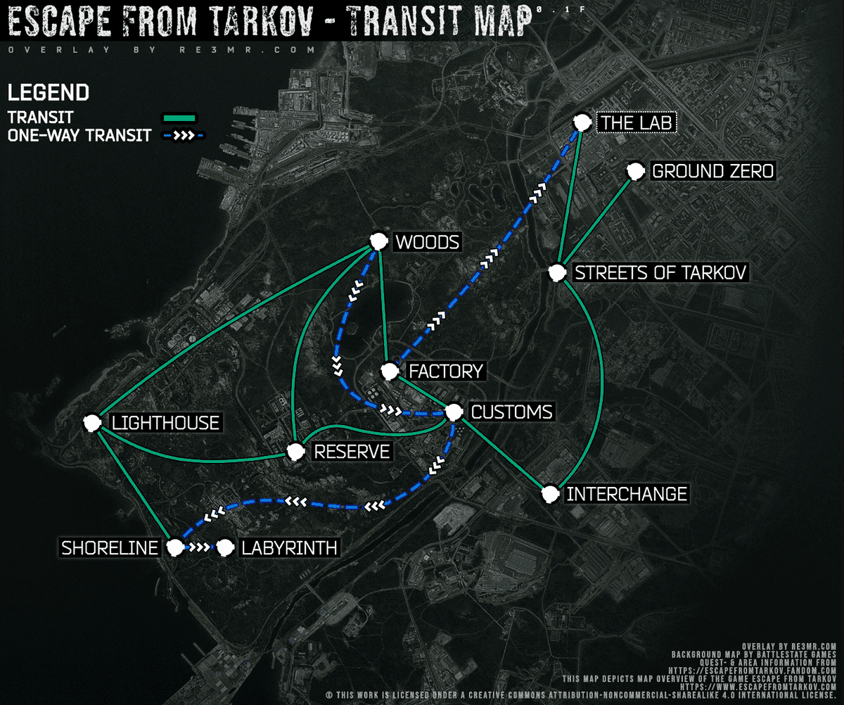 Transit map 0.1F Removed the story dots for now. Made the one-way arrows a bit bigger &amp; on top of the path rather than next to it. Some smaller adjustments. Available on my site reemr.se &amp; the EFT wiki #EscapefromTarkov