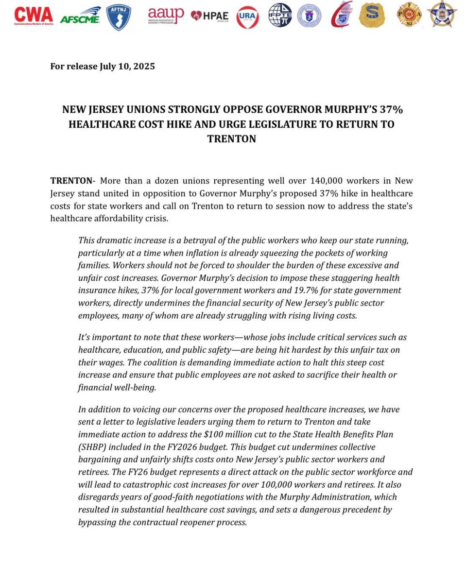 NJSPBA's tweet image. Over a dozen NJ unions representing over 140,000 workers are loudly opposing Governor Murphy’s proposed 37% increase in healthcare costs. We are calling on the legislature to return to Trenton and reverse this harmful cut to the State Health Benefits Plan!