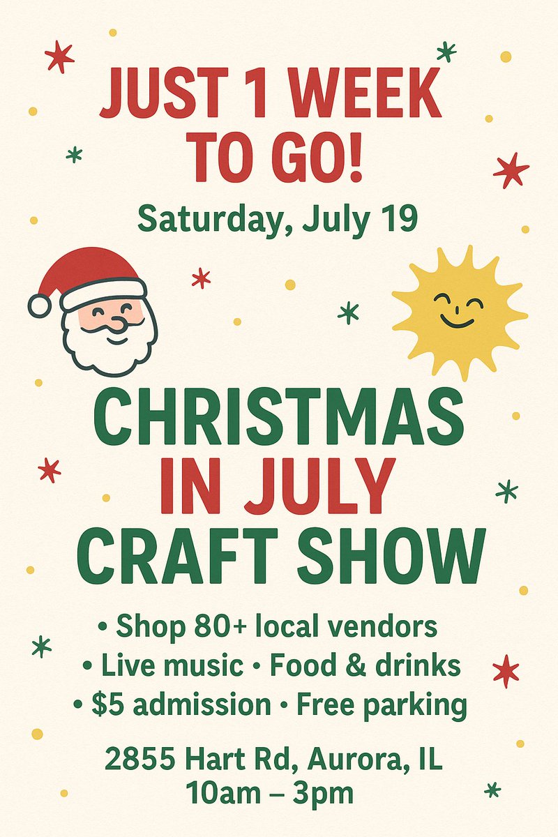 🎄Only 1 WEEK away!🎄
Join us Sat, July 19 for the Christmas in July Craft Show at #AbbeyFarmsIL! 🎅☀️
🛍️ 80+ vendors
🎶 Live music
🍔 Food &amp; drinks
🍅 Fresh produce
🎟️ $5 admission | Free parking
📍 Aurora, IL | 10am–3pm
 #ShopLocal #CraftShow