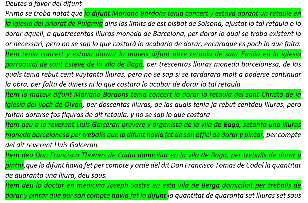 polnavarroc's tweet image. El 29 de novembre de 1783, Mariano Bordons i Aguilar, daurador natural de Solsona, però habitant de feia molts anys a Berga, feia testament.
Junt al testament, hi ha un inventari post mortem que ens permet conèixer què tenia a casa i els retaules que tenia encarregats per daurar.