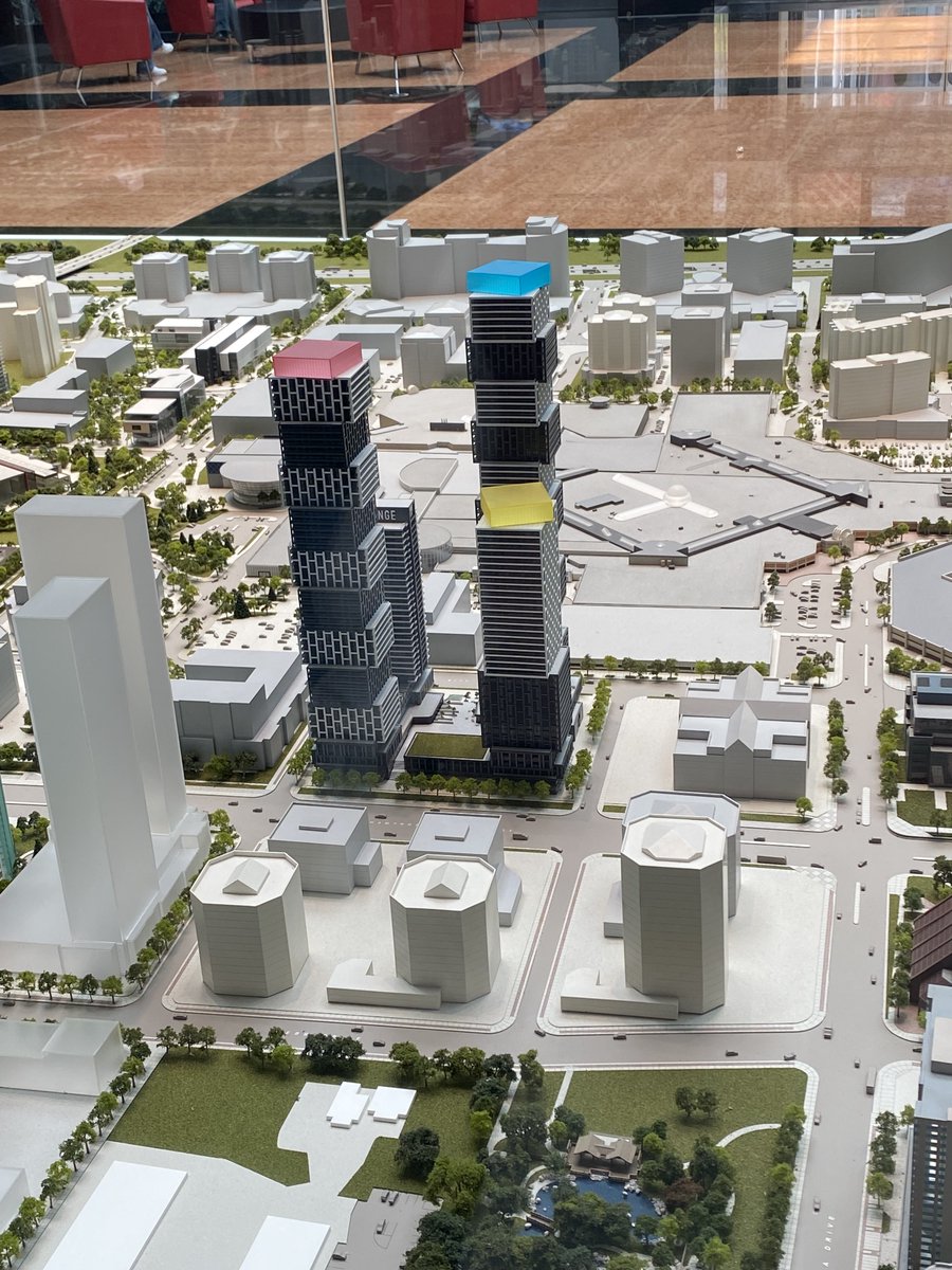 Model of City Centre with the EXCHANGE complex, North side of Burnhamthorpe, west of Hurontario. Dramatic additions to our skyline in the Great Hall. The complex was built by CAMROST and we are delighted they have chosen to put their creativity to work here in Mississauga.