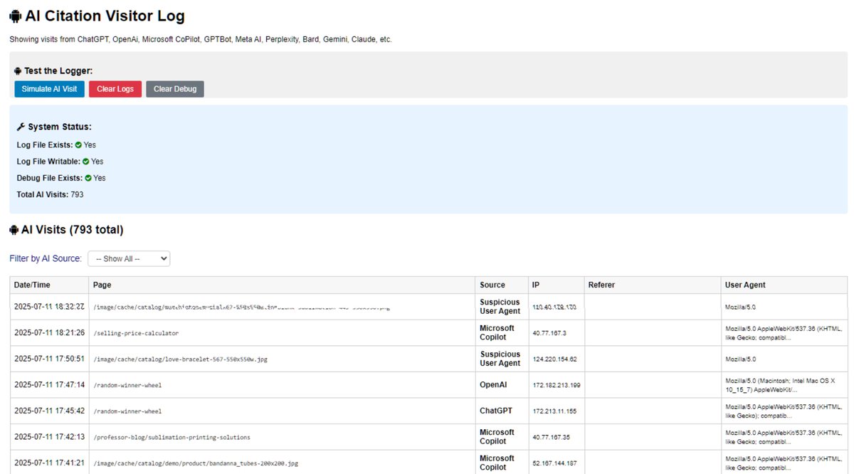 AI Bot Live Tracker. See when they visiting your web pages?  We now have a white-label/affiliate option that does this. #TheProfessor #AIsearch #AIBot Are you web pages being Cited by AI? (not sure if i can share the link?)