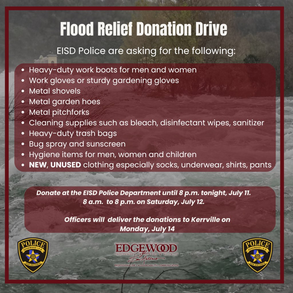 Thanks to your overwhelming generosity, EISD Police are collecting more relief supplies for flood victims. Please take a look at the list and donate what you can. EISD PD will be accepting donations until 8 p.m. tonight and from 8 a.m. to 8 p.m. on Saturday.