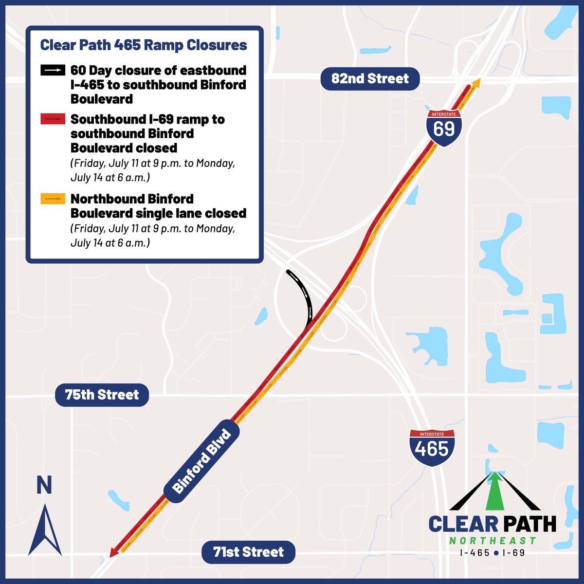 ClearPath465's tweet image. Clear Path 465 Reminder: Eastbound I-465 ramp to Binford Boulevard closing for 60 days starting tonight.

bit.ly/44Zy332