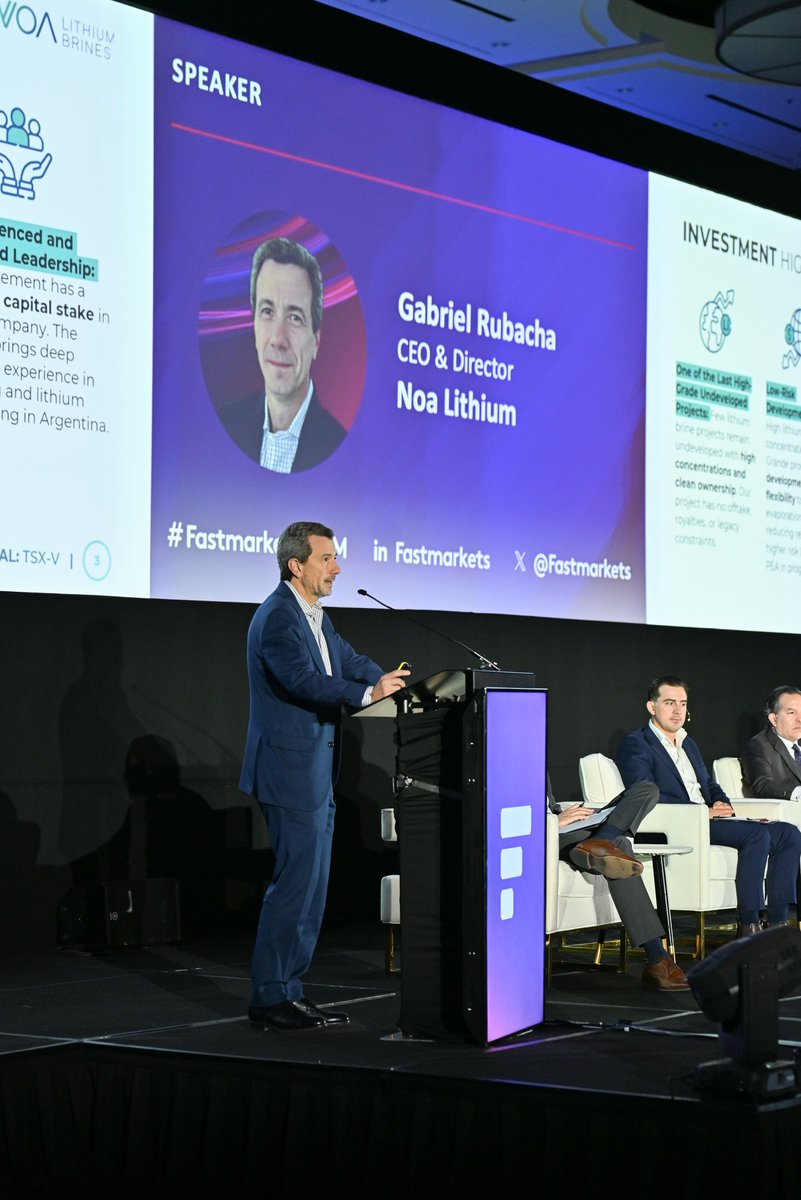 NOAlithium's tweet image. NOA Lithium was proud to be represented at the @Fastmarkets Lithium Supply & Battery Raw Materials 2025 Conference in Las Vegas, USA.
Our CEO and Director, Gabriel Rubacha, took part in two featured sessions: the 𝐅𝐚𝐬𝐭𝐦𝐚𝐫𝐤𝐞𝐭𝐬 𝐋𝐢𝐯𝐞 𝐋𝐨𝐮𝐧𝐠𝐞 𝐏𝐨𝐝𝐜𝐚𝐬𝐭 and…
