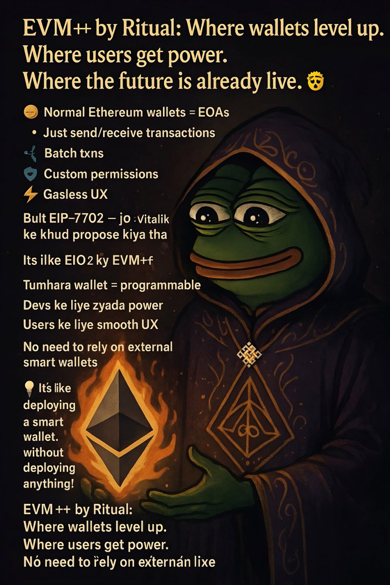 SPARSH (@metaradon64) on Twitter photo RITUAL CLASSES
( In HINDI for our Indian audience )
Account Abstraction - <a href="/ritualfnd/">Ritual Foundation</a> style, with EVM++
Normal Ethereum wallets = EOAs
Just send/receive transactions with private key bas itna hi.
But smart contract wallets?
➤ Batch txns
➤ Custom permissions
➤ Gasless UX
➤ RITUAL CLASSES
( In HINDI for our Indian audience )
Account Abstraction - <a href="/ritualfnd/">Ritual Foundation</a> style, with EVM++
Normal Ethereum wallets = EOAs
Just send/receive transactions with private key bas itna hi.
But smart contract wallets?
➤ Batch txns
➤ Custom permissions
➤ Gasless UX
➤