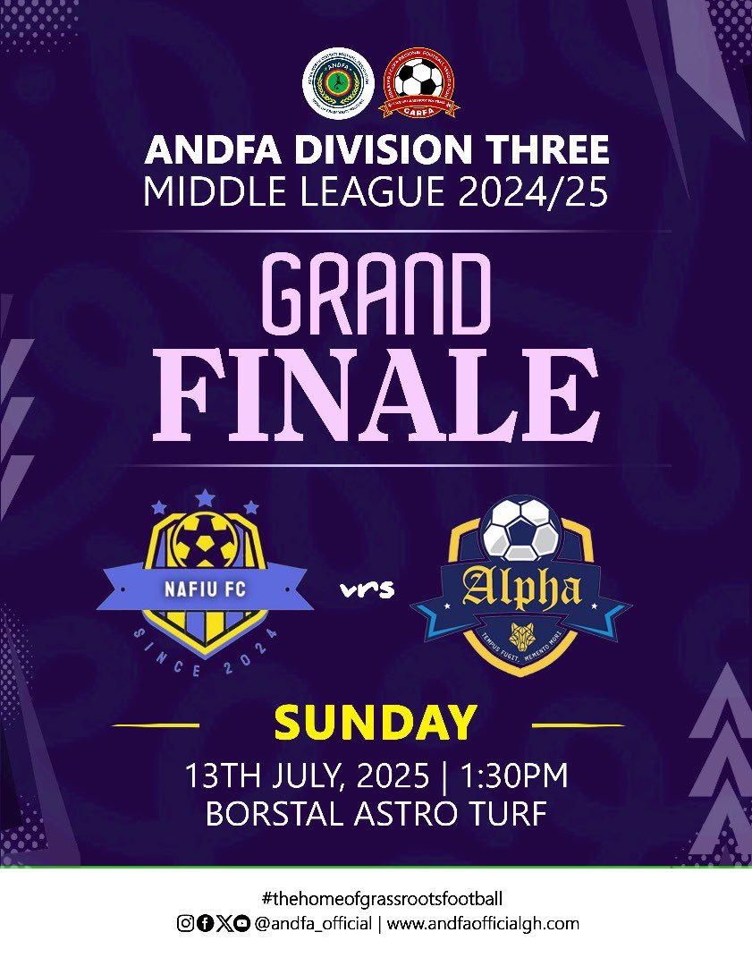 andfa_official's tweet photo. ANDFA DIVISION 3 MIDDLE LEAGUE FINALS.
Join us as we bring the 2024/2025 SEASON TO AN END.
Is the Big one between Nafiu FC and Talent/Alpha.
#andfamiddleleague25
#thehomeofgrassrootsfootball
#GARFA https://t.co/MNJRPCfwhy