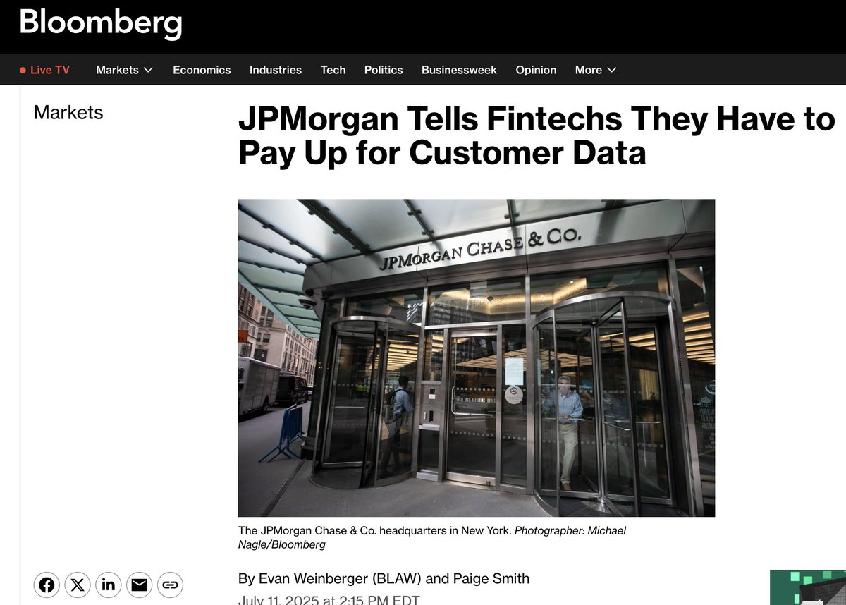 JPMorgan charging 3rd parties for access to consenting customers’ data is opportunistic and anti-innovation.

Last year’s CFPB rule (1033) gave consumers the right to share their data freely, encouraging more consumer choice and competition. A gutted CFPB is moving to reverse