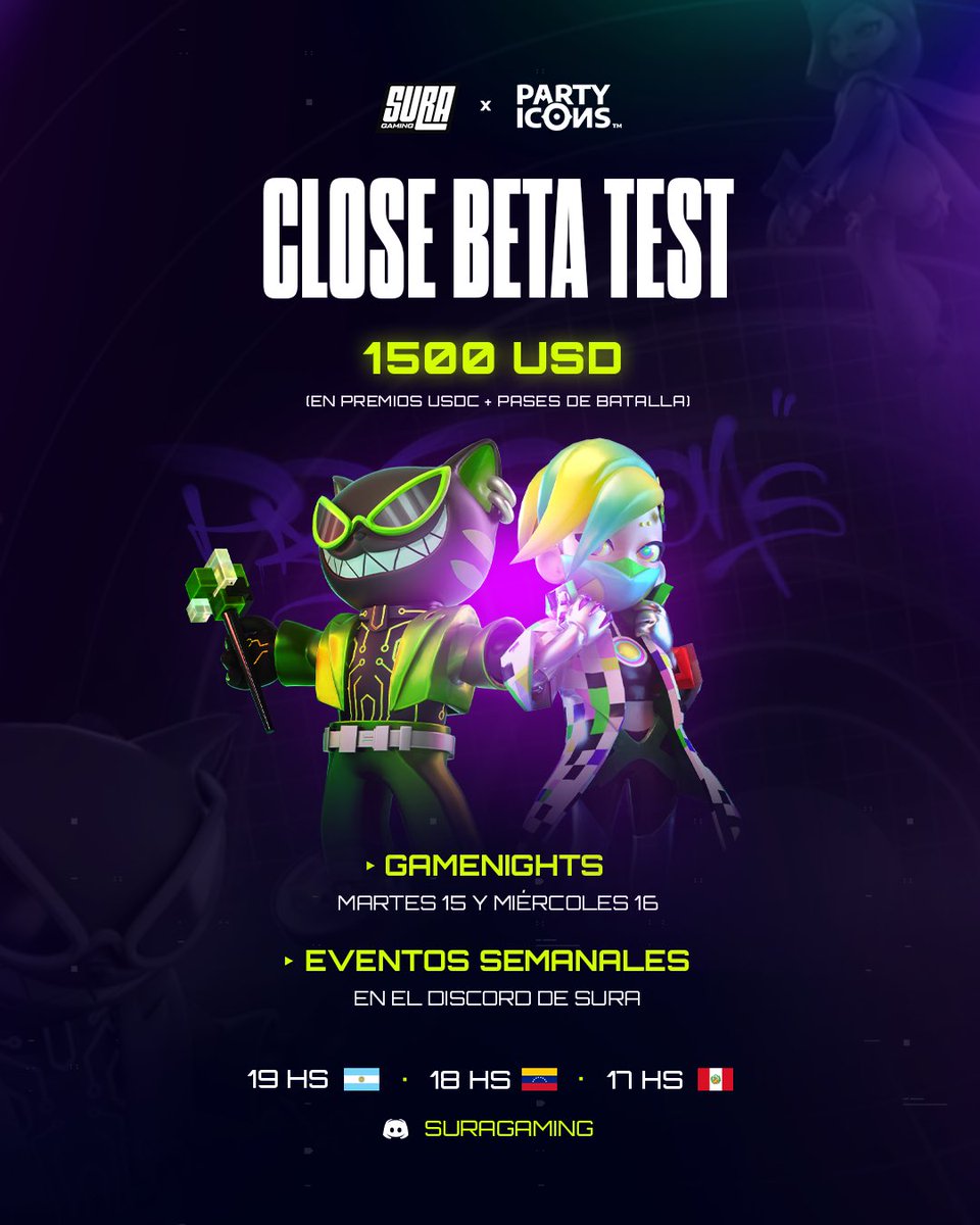 🚨 ALERTA DE EVENTO ÉPICO 𝙋𝘼𝙍𝙏𝙔 𝙄𝘾𝙊𝙉𝙎 𝙓 𝙎𝙐𝙍𝘼 🚨

Este martes y miércoles, viviremos algo que marca un antes y un después para nuestra comunidad:
🎉 ¡Llega el Closed Beta Test de PARTY ICONS! 🎉

Durante esta CB3, SURA se convierte en la casa oficial de PARTY ICONS: