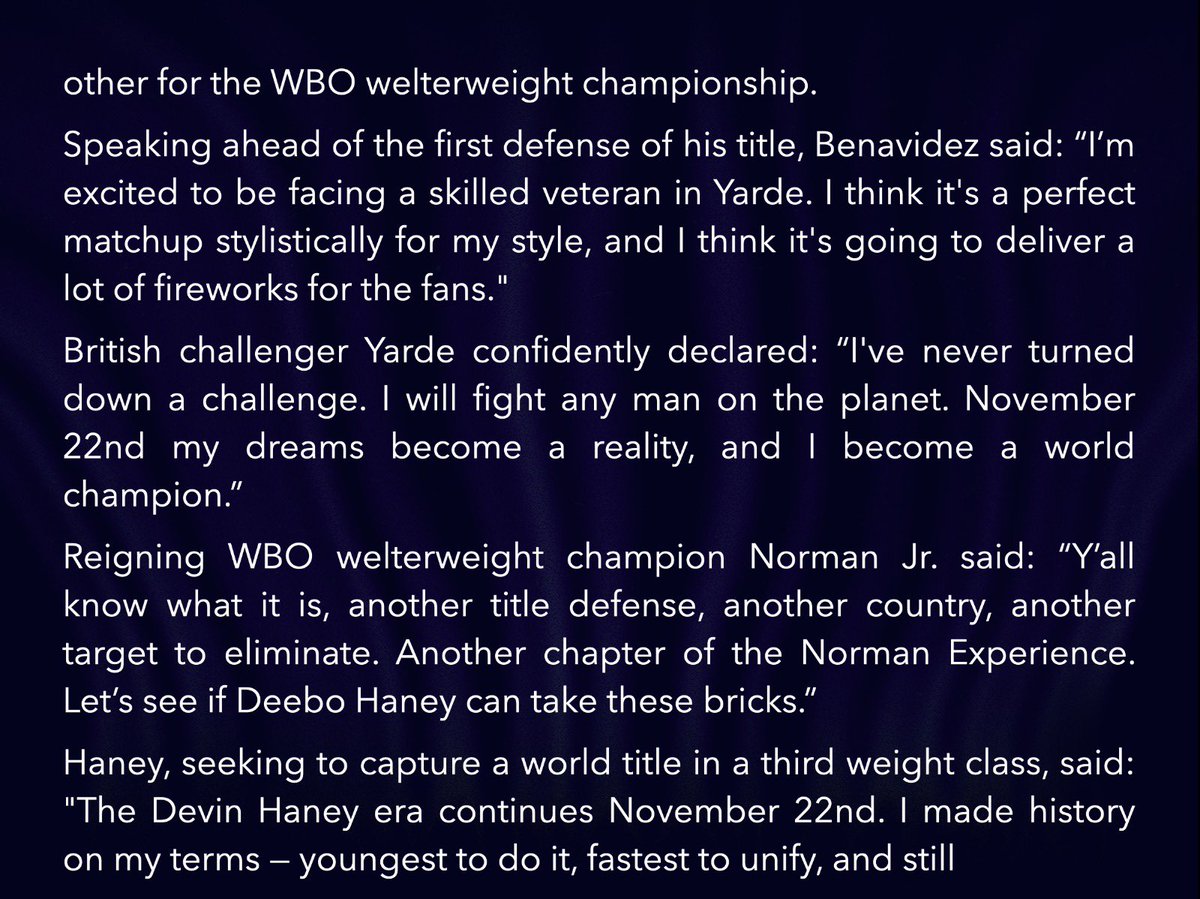 Turki_alalshikh's tweet image. The Ring IV will take place on Nov 22nd in Riyadh exclusively on DAZN 👏
David Benavidez vs Anthony Yarde 🥊
Devin Haney vs Brian Norman Jr 🥊
Abdullah Mason vs Sam Noakes 🥊
Jesse "Bam" Rodriguez vs Fernando Martinez 🥊
#TheRingIV
#RiyadhSeason
#BigTime
