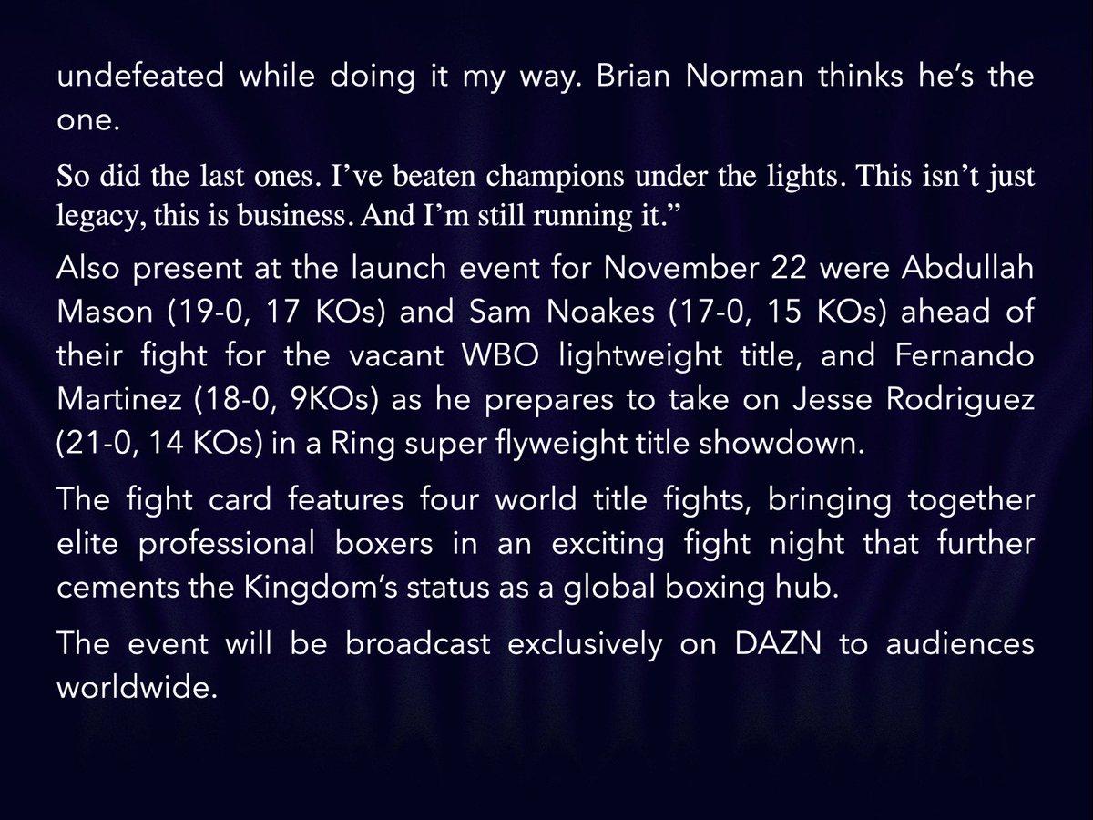 Turki_alalshikh's tweet image. The Ring IV will take place on Nov 22nd in Riyadh exclusively on DAZN 👏
David Benavidez vs Anthony Yarde 🥊
Devin Haney vs Brian Norman Jr 🥊
Abdullah Mason vs Sam Noakes 🥊
Jesse "Bam" Rodriguez vs Fernando Martinez 🥊
#TheRingIV
#RiyadhSeason
#BigTime