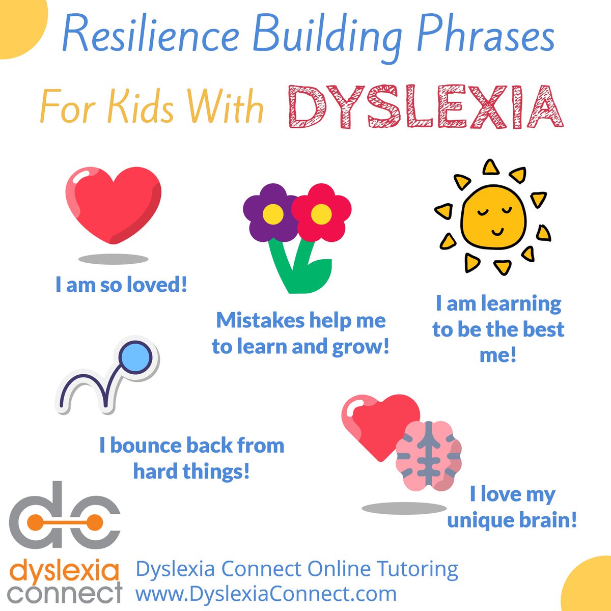 Kids with dyslexia need to be resilient, and we can help them build that ability! Here are some great resilience building phrases to use! DyslexiaConnect.com #dyslexia #ADHD #dysgraphia