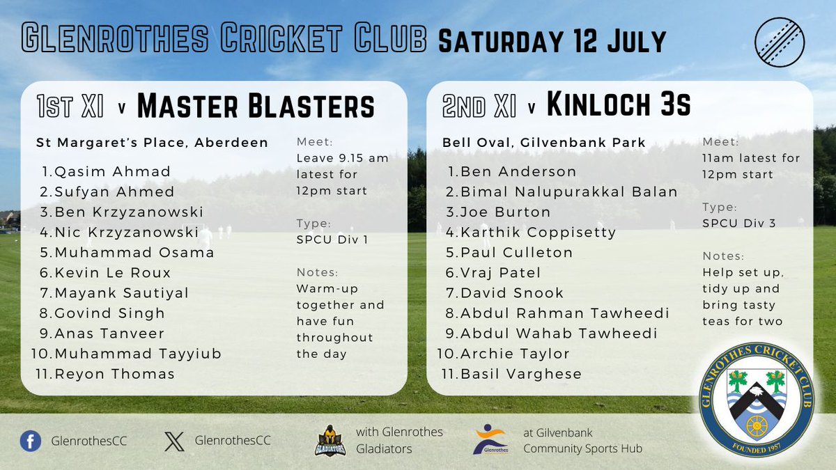 👀 UPCOMING FIXTURES, Saturday 12 July

1️⃣ v Master Blasters Aberdeen (A), SPCU Division 1
2️⃣ v Kinloch 3s (H) , SPCU Division 3

A couple of really tough games coming up tomorrow but we're aiming to have as much fun as we can regardless!
 
⭐️ FUN | ENJOYMENT | RESPECT