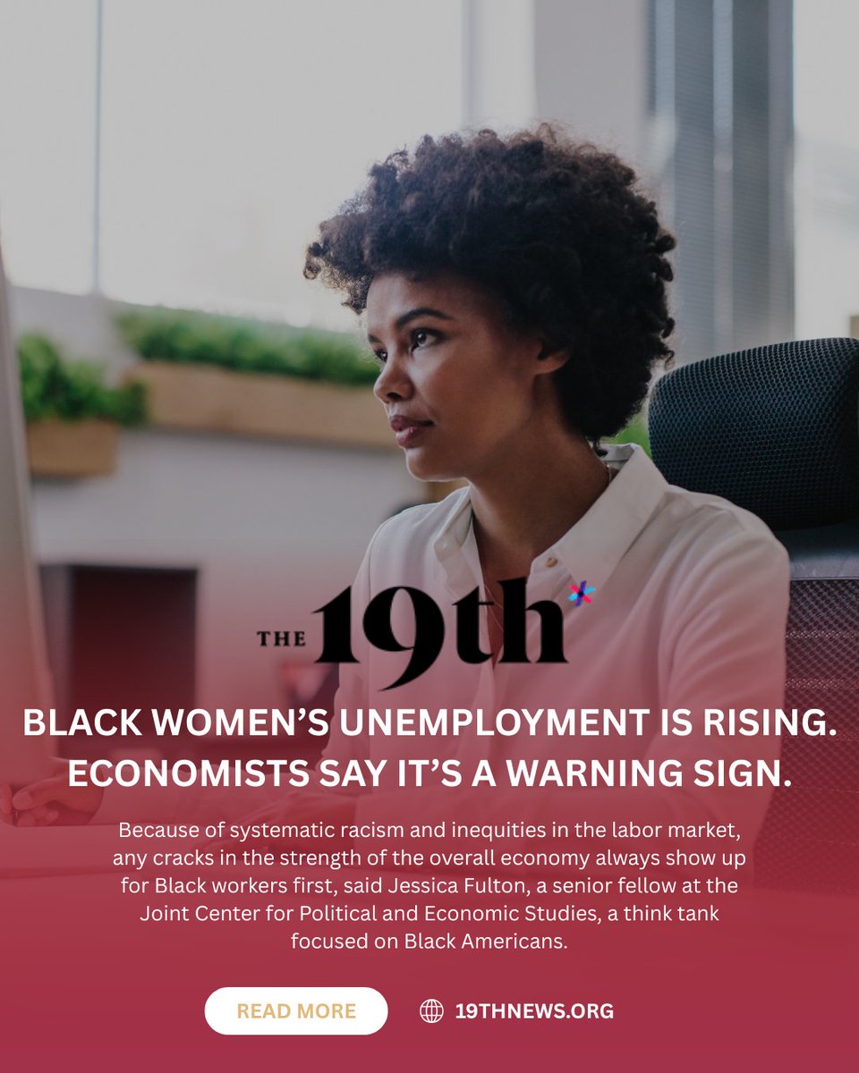 JointCenter's tweet image. The unemployment rate for Black women is rising.
Joint Center Senior Fellow @JessicaJFulton and other economists explain what that could mean for the overall economy in @19thnews.
➡️ 19thnews.org/2025/07/black-…