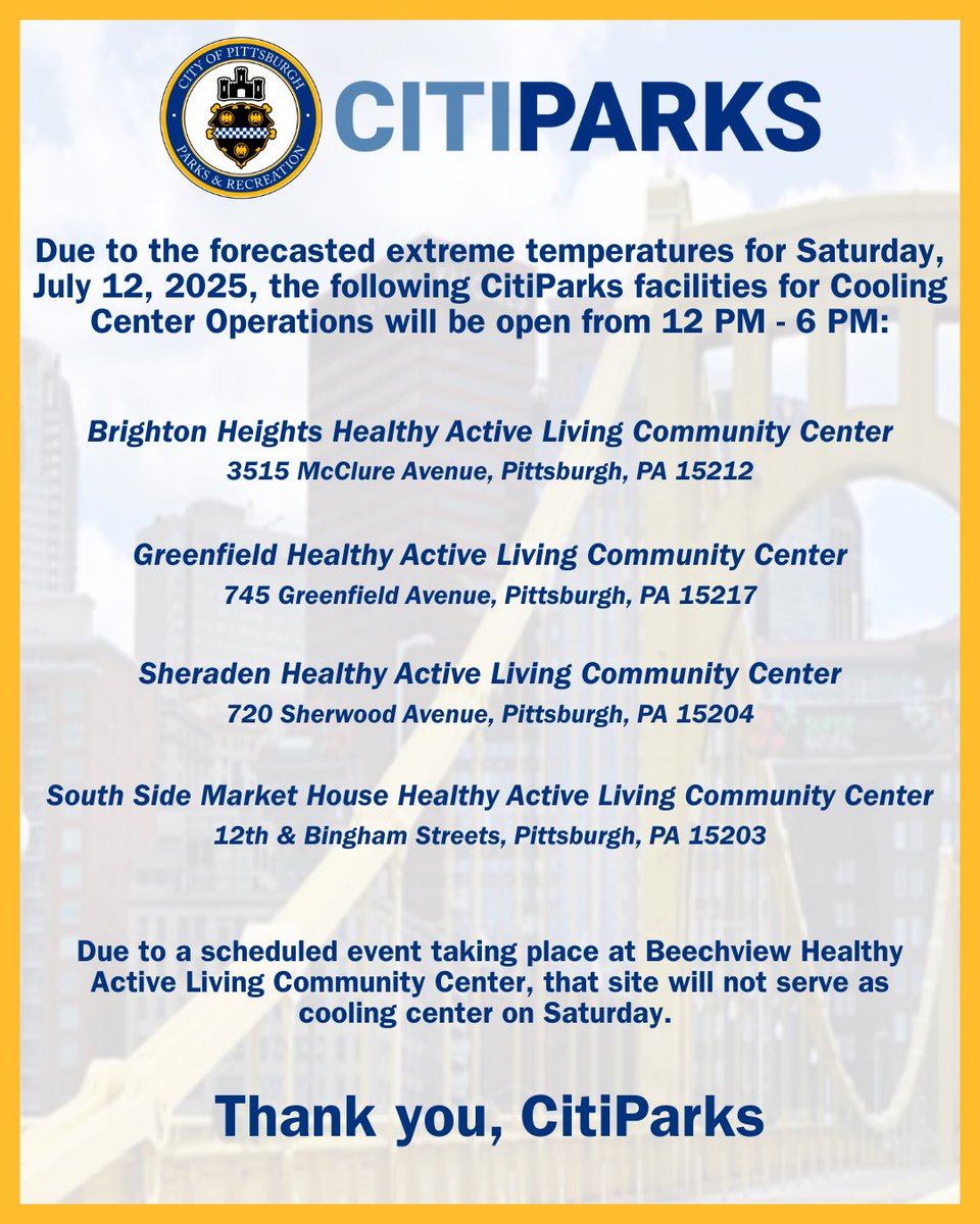 MayorEdGainey's tweet image. IMPORTANT NOTICE!
Due to the forecasted extreme temperatures for Saturday, July 12, 2025, COOLING CENTERS WILL BE ACTIVATED!
@CitiParks will active 4 HAL Senior Centers as Cooling Centers on 7/12 from 12 PM - 8 PM.
See Press Release Here: bit.ly/4eJWVPD