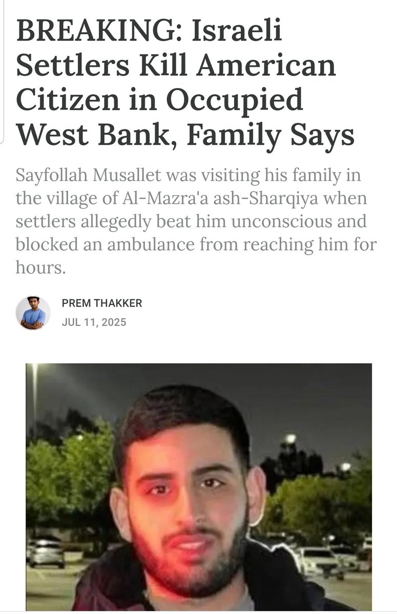 Los colonos judíos ilegales acaban de asesinar a golpes a un ciudadano palestino- estadounense durante un ataque suyo a la aldea de Mezraa Sharquiye.
¿Qué va a ser EEUU que dice  mover portaviones para proteger a sus ciudadanos?