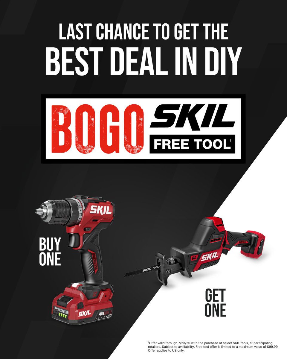 Last chance to buy one, get one free. Put SKIL’s performance tools to work on your DIY projects and save big! bit.ly/4mMp9N7