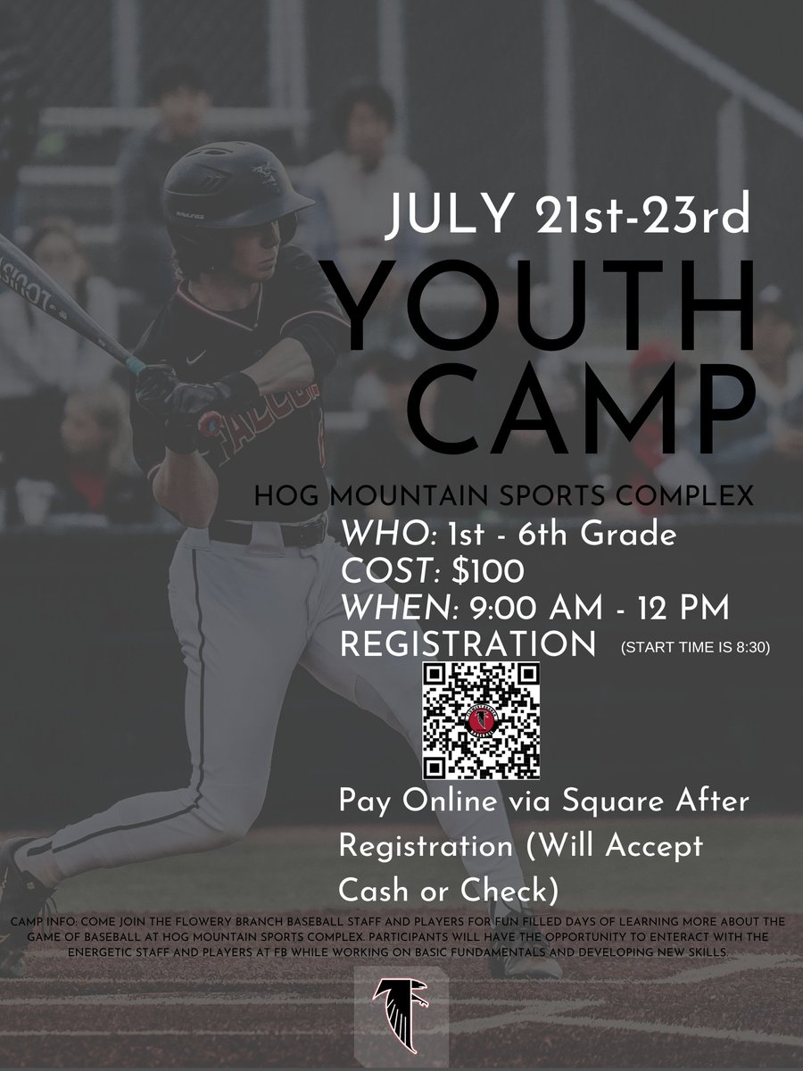 Branch_Baseball's tweet image. 🚨Flowery Branch Back to School Baseball Camp🚨

Only 10 Days left to sign up for out Back to School Baseball Camp - July 21st-23rd

Use the QR code/link to sign up &amp;amp; follow the link to pay online. We will be accepting cash/check the day of. 

forms.gle/jgS4qrJDhAPWsM…