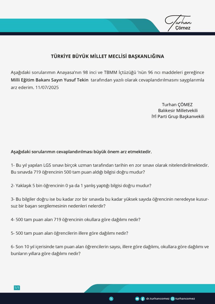 Turhan Çömez (@comezturhan) on Twitter photo 📄Bu yıl yapılan LGS’nin sonuçları pek çok soru işaretini ve kuşkuyu da beraberinde getirdi.
💪719 öğrenci tüm soruları doğru yanıtlayarak 500 tam puan aldı.
👉 <a href="/tcmeb/">Millî Eğitim Bakanlığı</a> na sorduk;
👉Bu inanılmaz sonuçları nasıl izah ediyorsunuz?
👉Tam puan alanların illere ve okullara göre 📄Bu yıl yapılan LGS’nin sonuçları pek çok soru işaretini ve kuşkuyu da beraberinde getirdi.
💪719 öğrenci tüm soruları doğru yanıtlayarak 500 tam puan aldı.
👉 <a href="/tcmeb/">Millî Eğitim Bakanlığı</a> na sorduk;
👉Bu inanılmaz sonuçları nasıl izah ediyorsunuz?
👉Tam puan alanların illere ve okullara göre