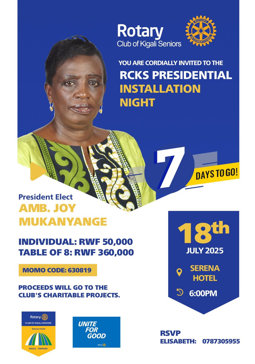 Rotary Kigali Seniors (@rotarykigalisr) on Twitter photo One week to go until the Rotary Club of Kigali seniors Presidential installation! 🎉
Join us for an evening of celebration and a chance to win superb raffle prizes 🎟️
DM for more details or contact Rotarian <a href="/ElisabethJT/">Elisabeth Jeannette</a> One week to go until the Rotary Club of Kigali seniors Presidential installation! 🎉
Join us for an evening of celebration and a chance to win superb raffle prizes 🎟️
DM for more details or contact Rotarian <a href="/ElisabethJT/">Elisabeth Jeannette</a>