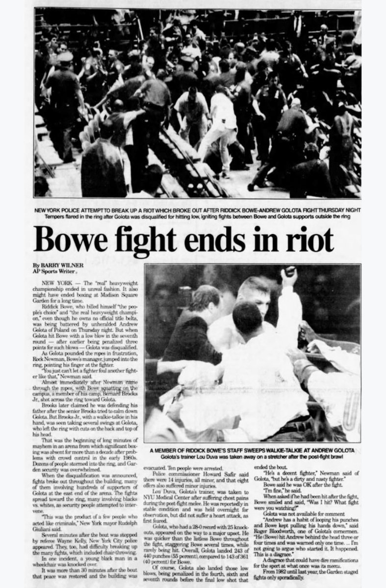 HBO Guide (@classichboguide) on Twitter photo Today in 1996 LIVE on <a href="/HBO/">HBO</a> was Riddick Bowe vs Andrew Golota in <a href="/TheGarden/">MSG</a> - remember when #1990s heavyweight boxing was insane like this? Golota disqualified for low blows, corners attack one another & a full scale #riot breaks out in #MSG #Boxing #HBO #SportsNews <a href="/ThrillBoxing/">Thrill Boxing Magazine 💥🥊</a> Today in 1996 LIVE on <a href="/HBO/">HBO</a> was Riddick Bowe vs Andrew Golota in <a href="/TheGarden/">MSG</a> - remember when #1990s heavyweight boxing was insane like this? Golota disqualified for low blows, corners attack one another & a full scale #riot breaks out in #MSG #Boxing #HBO #SportsNews <a href="/ThrillBoxing/">Thrill Boxing Magazine 💥🥊</a>