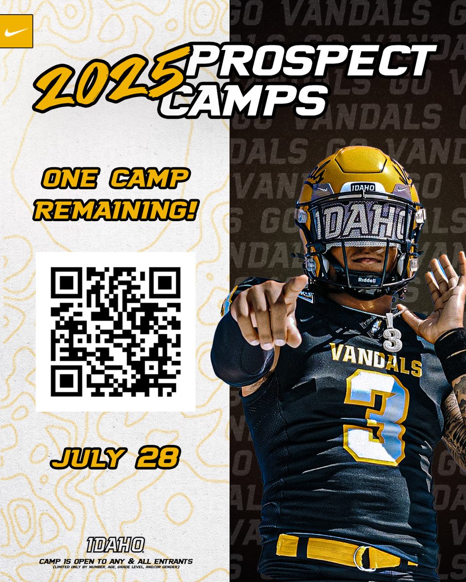 AJMorganFB's tweet image. Last chance to camp with us this summer! Don't miss out on an opportunity to get coached up and evaluated by the Vandals!!✌️
🔗:govandals.evenue.net/events/PC