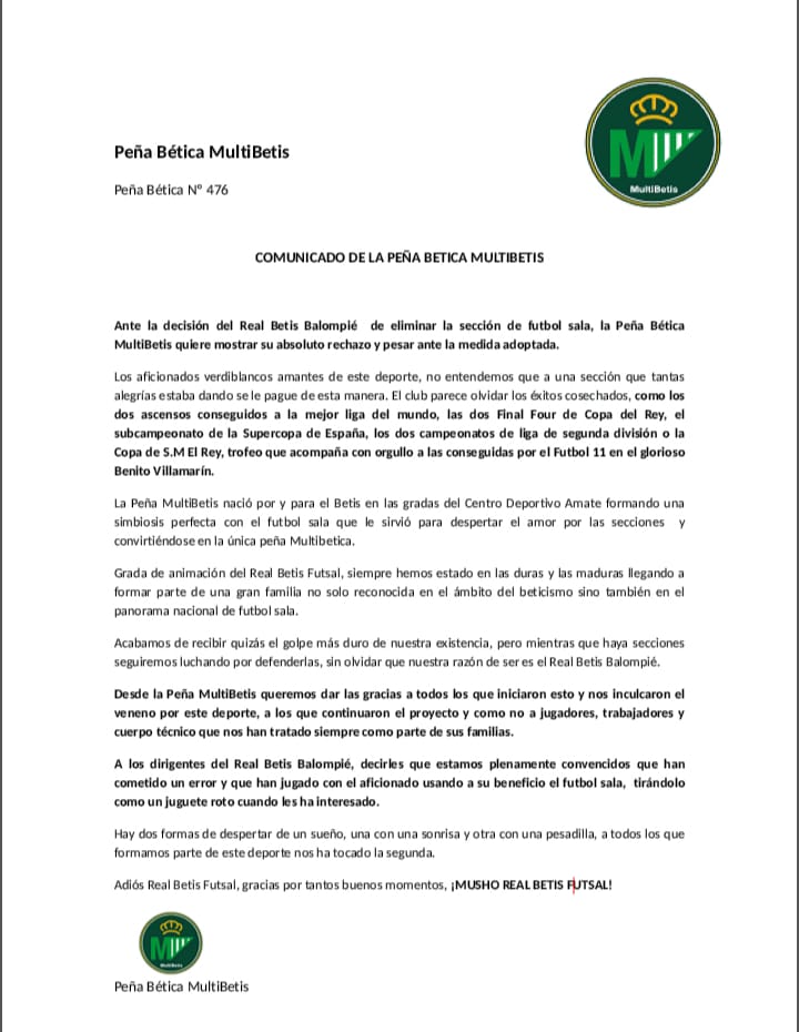 REAL BETIS FUTSAL
Hasta siempre 
No muere quien permanece vivo en nuestros corazones.
😢💚
#MultiBetis
#BetisFutsal
#LocosDeLaCabeza