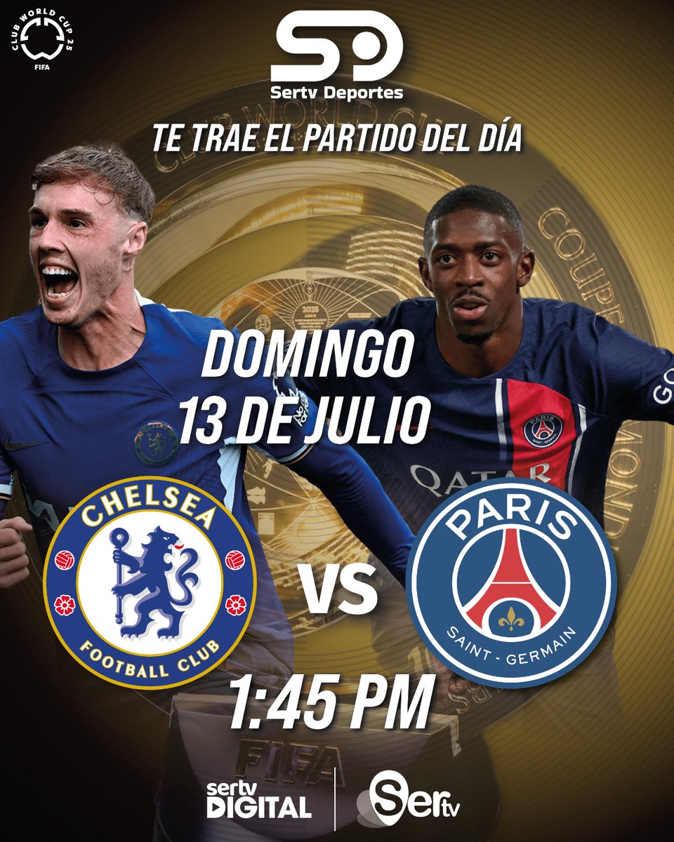 🎉 Tienes una cita imperdible con Sertv Deportes 🏆⚽

🔥 La gran final del Mundial de Clubes está aquí, y el enfrentamiento promete ser épico:

💙 Chelsea vs París Saint-Germain 🔴🔵

¡No te lo puedes perder! 

📅 Domingo 13 de julio
⏰ 1:45 pm.

#TodosSomosPanamá
#Sertveando