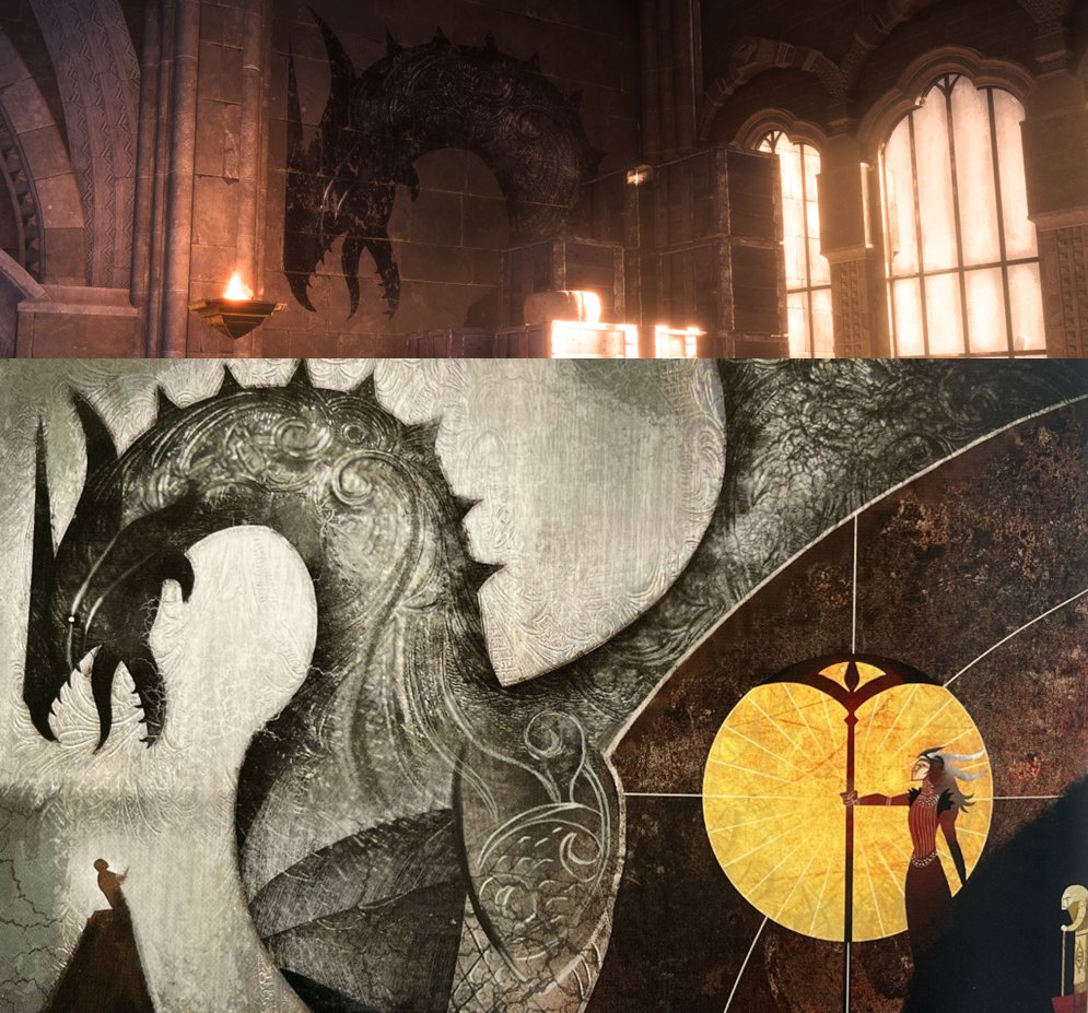the mural of mythal's dragon in the lighthouse music room is from world of thedas with flemythal passing judgement on a pleading figure...in solas's personal room filled with fond memories he's still painted a reminder of his duty &amp; guilt on the walls as if its judging him too 😭