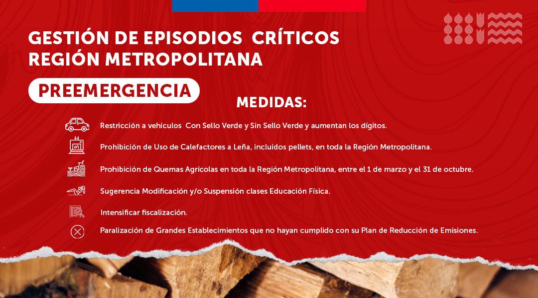 #𝗚𝗘𝗖_𝗥𝗠 | Se solicita a la ciudadanía respetar las medidas q rigen 👇🏻

🔸Prohibición #CalefactoresLeña en toda la #RM 🪵 (incluido pellets)
🔸Prohibición #QuemasAgrícolas 🔥 en la #RM
🔸#RestricciónVehicular aumentan dígitos según calendario 👇🏻
airerm.mma.gob.cl/wp-content/upl…
