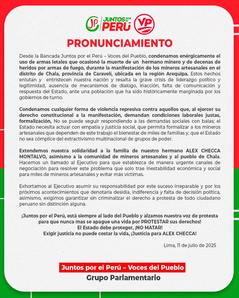 #Pronunciamiento | 📌Desde la Bancada JP-VP condenamos enérgicamente el uso de armas letales que ocasionó la muerte de un  hermano minero y de decenas de heridos por armas de fuego, durante la manifestación de los mineros artesanales en el distrito de Chala, de Arequipa.