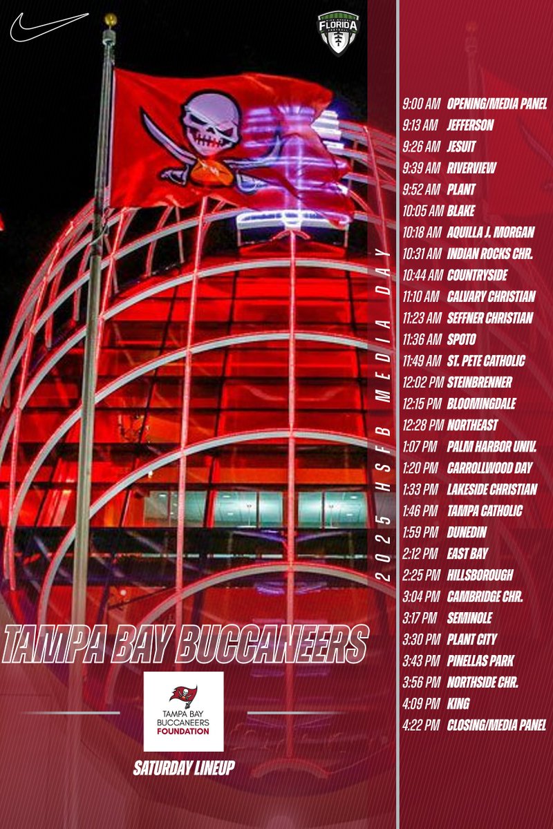 FloridaHSFootball.com (@flahsfootball) on Twitter photo HIGH SCHOOL FOOTBALL MEDIA DAYS KICK OFF IN FLORIDA THIS WEEKEND!
The 2025 Tampa Bay <a href="/Buccaneers/">Tampa Bay Buccaneers</a> High School Football Media Day is this weekend (Sat & Sun) at the <a href="/AdventHealth/">AdventHealth</a> Training Center in Tampa brought to you by <a href="/BucsFoundation/">Tampa Bay Buccaneers Foundation</a>, <a href="/Nike/">Nike</a> & <a href="/FlaHSFootball/">FloridaHSFootball.com</a>!
Here is HIGH SCHOOL FOOTBALL MEDIA DAYS KICK OFF IN FLORIDA THIS WEEKEND!
The 2025 Tampa Bay <a href="/Buccaneers/">Tampa Bay Buccaneers</a> High School Football Media Day is this weekend (Sat & Sun) at the <a href="/AdventHealth/">AdventHealth</a> Training Center in Tampa brought to you by <a href="/BucsFoundation/">Tampa Bay Buccaneers Foundation</a>, <a href="/Nike/">Nike</a> & <a href="/FlaHSFootball/">FloridaHSFootball.com</a>!
Here is