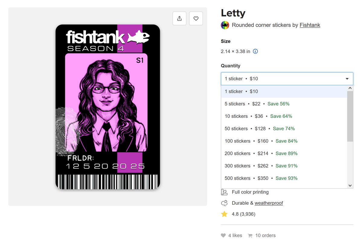 radioJimLIVE's tweet image. A possible problem with the @fishtankislive @stickermule store, maybe?
I clicked this ad for the Letty sticker, and it's 1 non-foil sticker for $10. Link:
stickermule.com/fishtank/item/…
Didn't know you could buy Letty in nonfoil, or less than 10. Neither shows on the main store.
