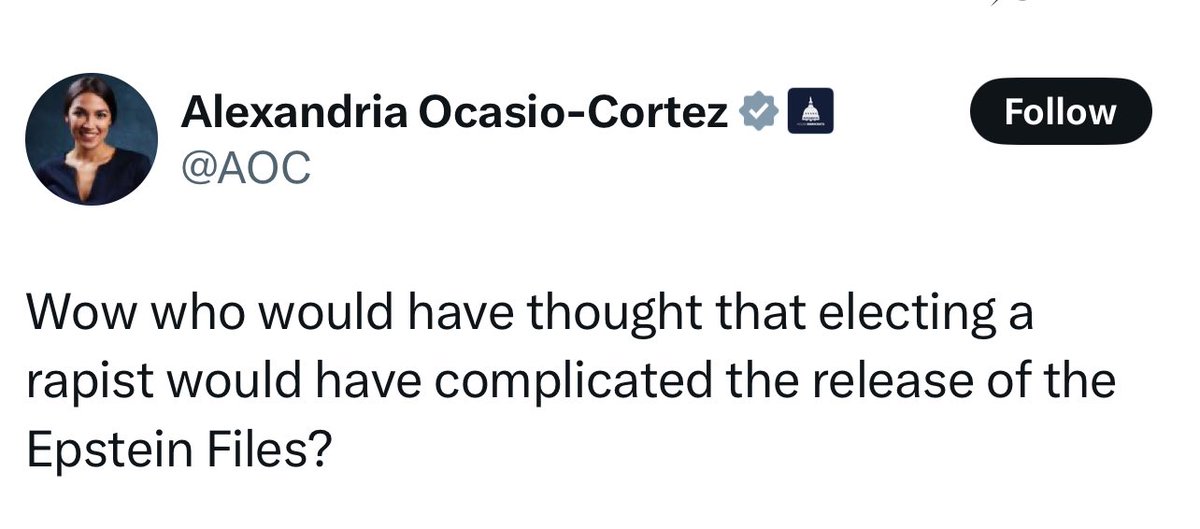 AOC publicly called the sitting President of the United States a “rapist” — with zero proof.

This isn’t bold. It’s defamatory.
Imagine the outrage if this came from the right.
She needs to be held legally accountable.

Do you agree? 

Enough is enough.

Thoughts? ⬇️ 🇺🇸