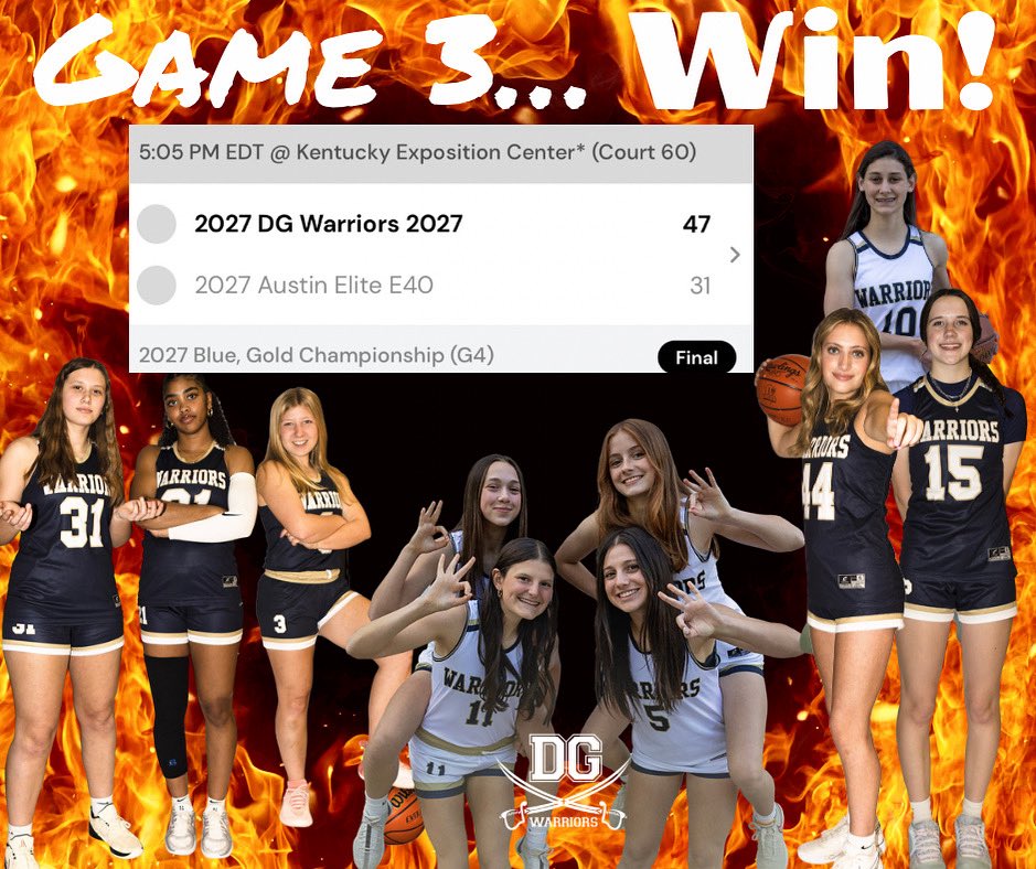 DG Warriors 2027 (@dgwarriorswbb) on Twitter photo Warriors are on fire 🔥 3-0 at <a href="/TFNsRun4Roses/">TFN's Run 4 Roses</a> & still going! Gold Bracket semi tomorrow morning at 8:05am vs Team Iowa E40 -court 2-Kentucky Expo Center #together <a href="/Averyrussell_11/">Avery Russell</a> <a href="/L_Willis2027/">Lyla Willis</a> <a href="/Jaynaanderson09/">Jayna Anderson</a> <a href="/ivymartin03/">ivy</a> <a href="/CloeTurk2027/">Cloe Turk</a> <a href="/CapriDuFour/">Capri</a> <a href="/abbykay27/">Abby</a> <a href="/SullivanSandy1/">Sullivan Sandy</a> Warriors are on fire 🔥 3-0 at <a href="/TFNsRun4Roses/">TFN's Run 4 Roses</a> & still going! Gold Bracket semi tomorrow morning at 8:05am vs Team Iowa E40 -court 2-Kentucky Expo Center #together <a href="/Averyrussell_11/">Avery Russell</a> <a href="/L_Willis2027/">Lyla Willis</a> <a href="/Jaynaanderson09/">Jayna Anderson</a> <a href="/ivymartin03/">ivy</a> <a href="/CloeTurk2027/">Cloe Turk</a> <a href="/CapriDuFour/">Capri</a> <a href="/abbykay27/">Abby</a> <a href="/SullivanSandy1/">Sullivan Sandy</a>