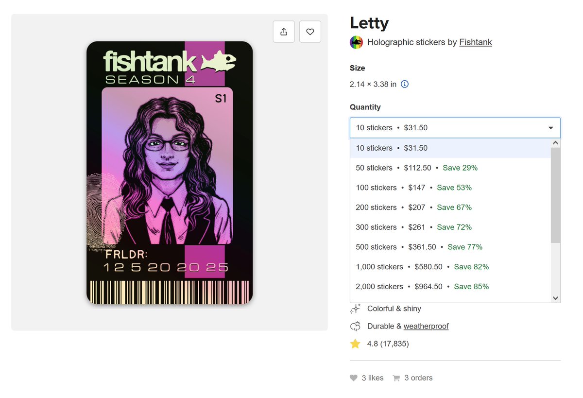 radioJimLIVE's tweet image. A possible problem with the @fishtankislive @stickermule store, maybe?
I clicked this ad for the Letty sticker, and it's 1 non-foil sticker for $10. Link:
stickermule.com/fishtank/item/…
Didn't know you could buy Letty in nonfoil, or less than 10. Neither shows on the main store.