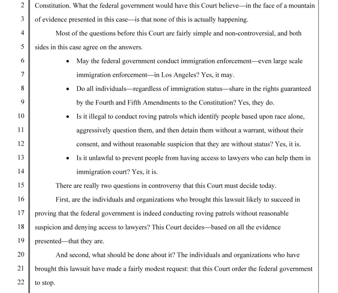 🚨Federal judge orders DHS to limit “roving patrols” in Los Angeles.

The judge finds that the evidence shows that DHS officers are racially profiling people to demand their papers, which all sides agree is illegal, and orders DHS to stop those unlawful practices.