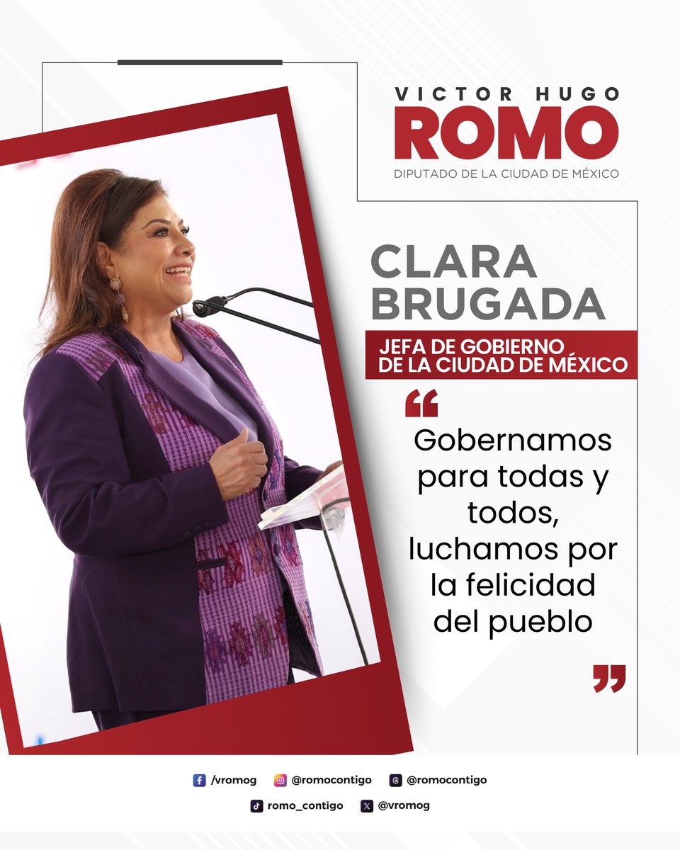 Victor Romo (@vromog) on Twitter photo Cuando nuestra jefa de gobierno <a href="/ClaraBrugadaM/">Clara Brugada Molina</a> dice que lucha por la felicidad del pueblo, no es discurso: es una forma de gobierno que nace desde abajo.
Su compromiso con las colonias, los barrios y los pueblos de la ciudad demuestra que se puede gobernar con cercanía, justicia Cuando nuestra jefa de gobierno <a href="/ClaraBrugadaM/">Clara Brugada Molina</a> dice que lucha por la felicidad del pueblo, no es discurso: es una forma de gobierno que nace desde abajo.
Su compromiso con las colonias, los barrios y los pueblos de la ciudad demuestra que se puede gobernar con cercanía, justicia