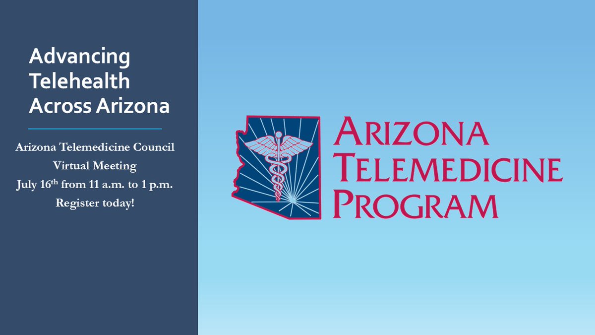 Join us on July 16, 11 a.m. to 1 p.m. (MST) for our virtual Arizona Telemedicine Council meeting. It's free &amp; open to anyone interested in telehealth. Don’t miss this chance to learn, connect, and stay current on telehealth developments. Register here: telemedicine.arizona.edu/about-us/atc
