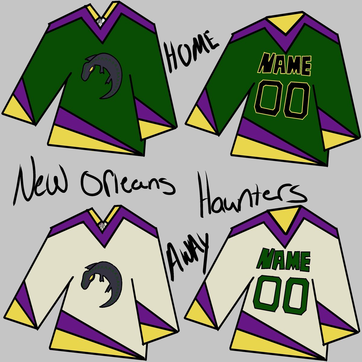 sharktankfugue's tweet photo. Taking a break from Atlantic Canada for another souther team, the New Orleans Haunters! Haunters due to how haunted people say New Orleans is :) logo is an american alligator, their state reptile! https://t.co/LnmEBPmr8D