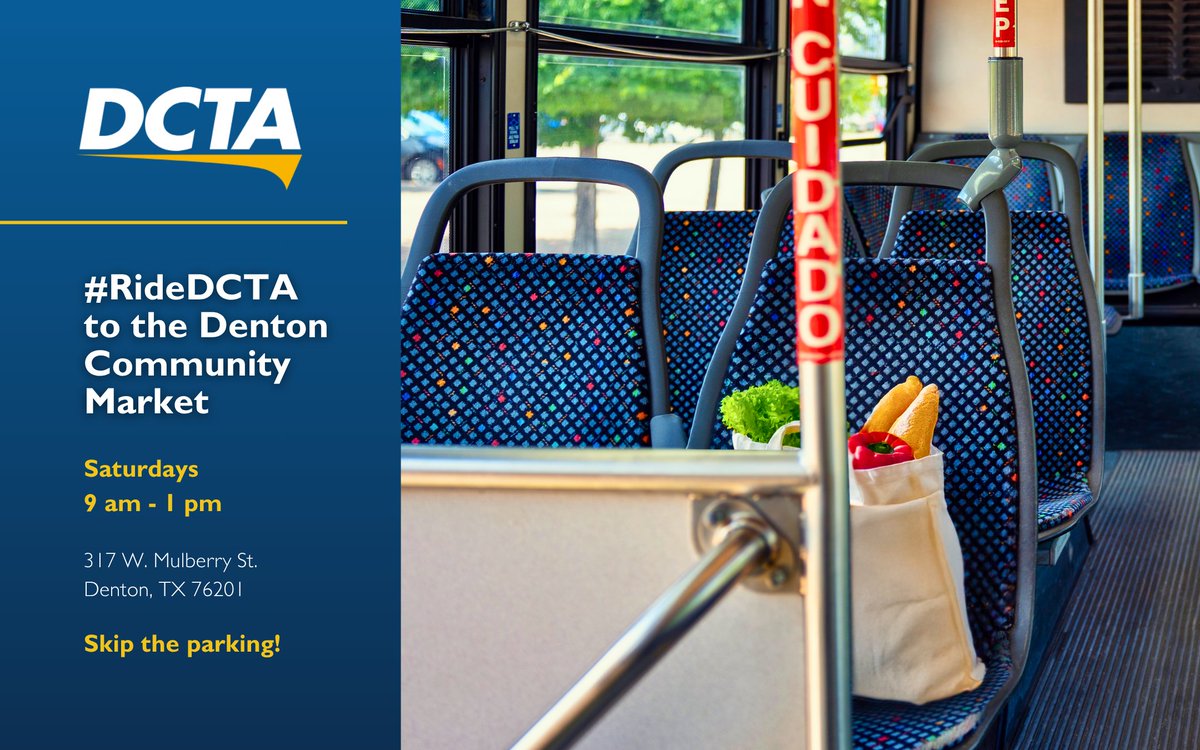 Skip the stress of parking and #RideDCTA to the Denton Community Market, open Saturdays from 9 am to 1 pm at 317 W. Mulberry St. 🥕🎨

Explore local art, fresh produce, and handmade goods in the heart of downtown. Learn more at dentonmarket.org.