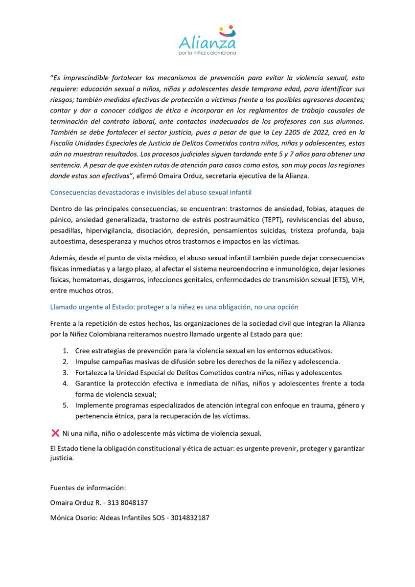 Cada año +23.000 personas son examinadas por presunto abuso sexual en Colombia. El 81 % son niñas y niños. 🧒🏽👧🏾
📣 Urge fortalecer los entornos familiares y educativos.
🔗 Lee el comunicado completo alianzaporlaninez.org.co/comunicado-nin…