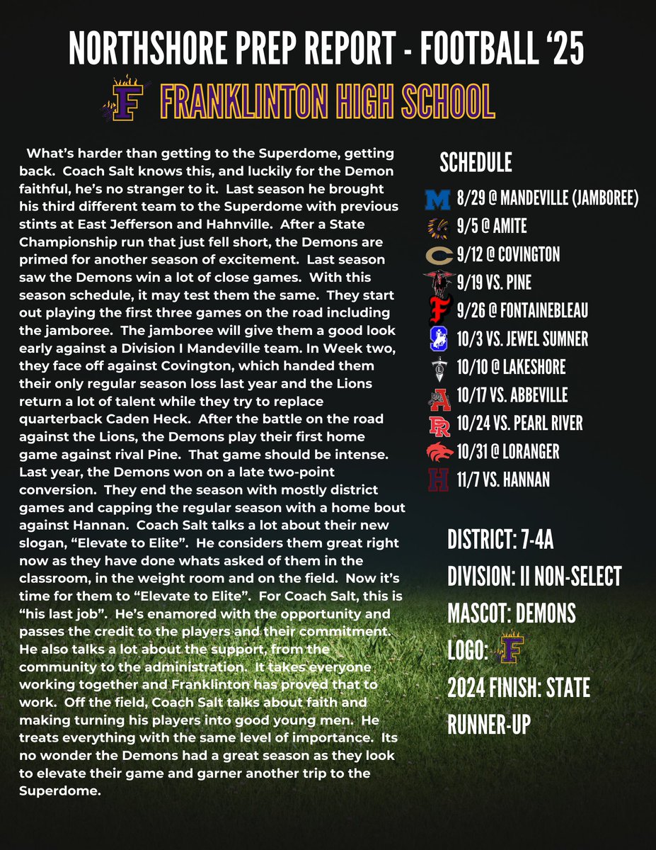 Northshore Prep Report (@northshoreprepr) on Twitter photo FOOTBALL 🏈🏈🏈
We begin our preseason coverage with
<a href="/FranklintonFB/">Franklinton Demon Football</a>! The reigning Division II State Runner Up.
They look to get back to the dome with Senior Quarterback, <a href="/jacobcrain_9/">Jacob “Cadillac” Crain</a> and dynamic Wide Receiver, <a href="/1wayymikey3/">Dãmǐķǐẽş Mççłǎįň</a>.
<a href="/Dominicsaltafo1/">Dominic Saltaformaggio</a> FOOTBALL 🏈🏈🏈
We begin our preseason coverage with
<a href="/FranklintonFB/">Franklinton Demon Football</a>! The reigning Division II State Runner Up.
They look to get back to the dome with Senior Quarterback, <a href="/jacobcrain_9/">Jacob “Cadillac” Crain</a> and dynamic Wide Receiver, <a href="/1wayymikey3/">Dãmǐķǐẽş Mççłǎįň</a>.
<a href="/Dominicsaltafo1/">Dominic Saltaformaggio</a>