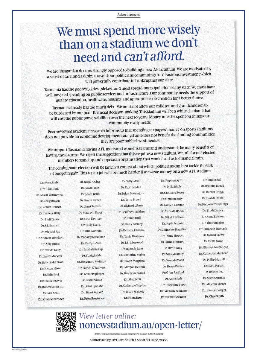 Ryan_Posselt's tweet image. Published in today’s Mercury. 100 doctors signed an open letter against the Government’s Stadium proposal.
#politas