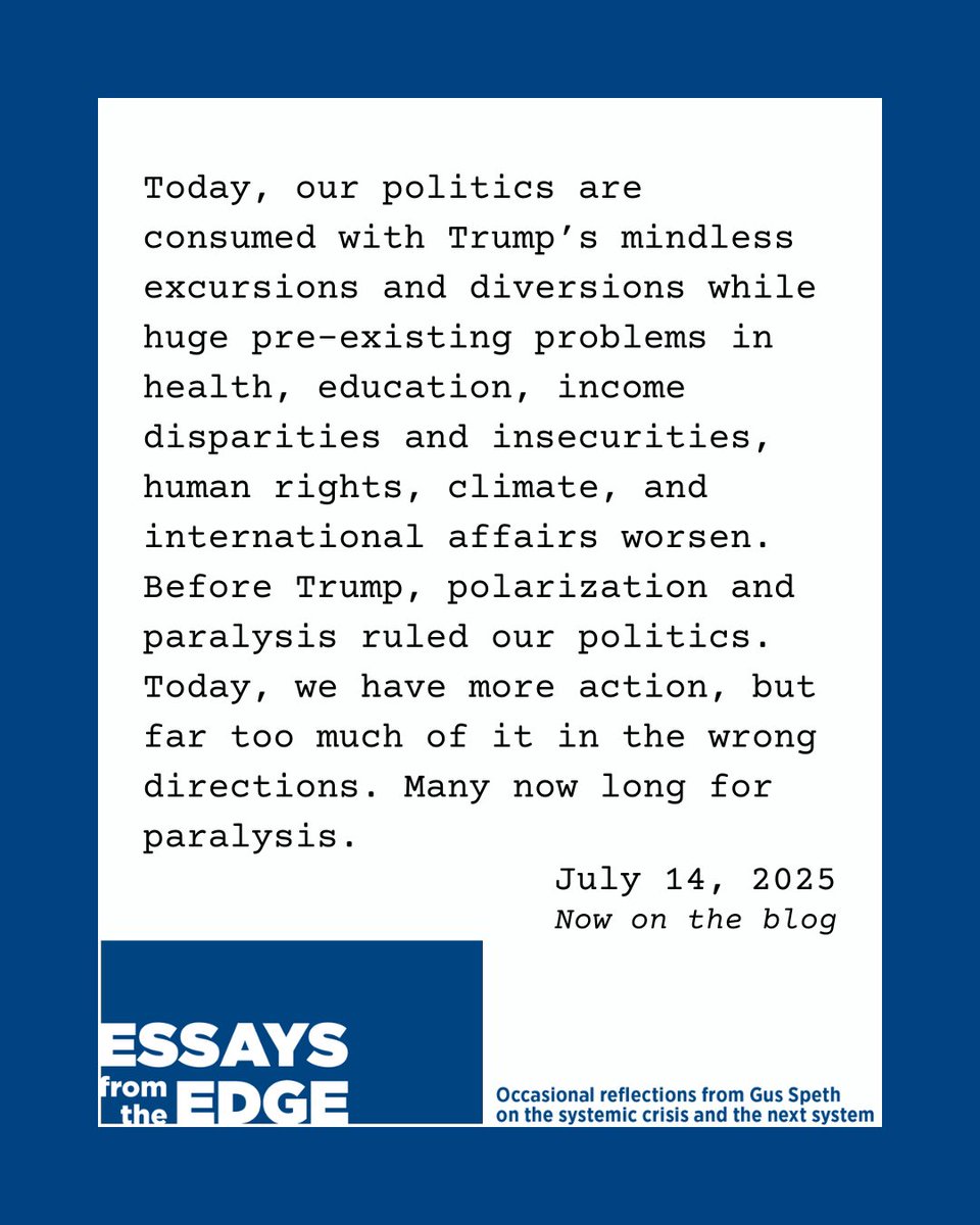 DemocracyCollab's tweet image. 📏 NEW #EssaysFromTheEdge NOW ON THE BLOG
Come 2028, many might feel battle-weary and exhausted, disoriented and burnt out. In his inimitable style, Gus Speth asks some questions and offers some ideas for an America after Trump.
Read full piece ➛ democracycollaborative.org/blogs/leave-th…