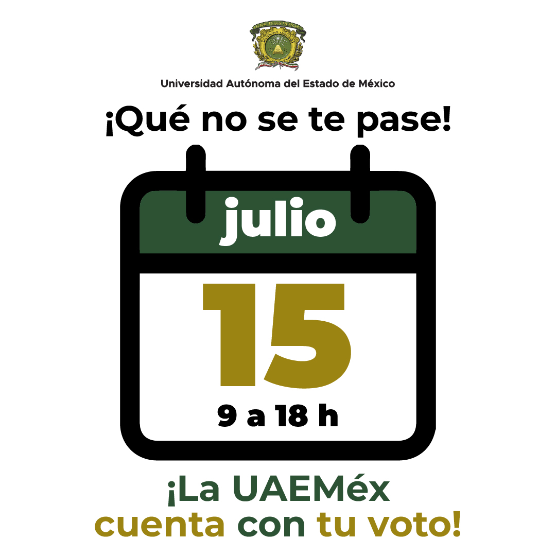 🗳️ Este 15 de julio se llevará a cabo la jornada de votación para elegir a la próxima titular de la Rectoría de la UAEMéx.

Recuerda que por primera vez podrán participar alumnos, docentes y personal administrativo.

#ElecciónUAEMéx
