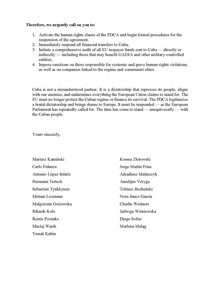 En honor y homenaje de los héroes de la resistencia a la dictadura comunista de Cuba y las víctimas de la represión tras el alzamiento por la libertad del 11 de julio, firmo con otros europarlamentarios esta demanda del fin de la criminal cooperación de la UE con la dictadura.