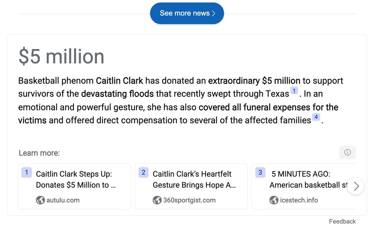Surprise, surprise. Meta AI and Microsoft's Bing are promoting false information about Caitlin Clark donating money to #TexasFlood victims. Both companies' AI answers cite sources that are the equivalent of hearing a rumor from your dad's brother's mechanic's cat's chew toy.